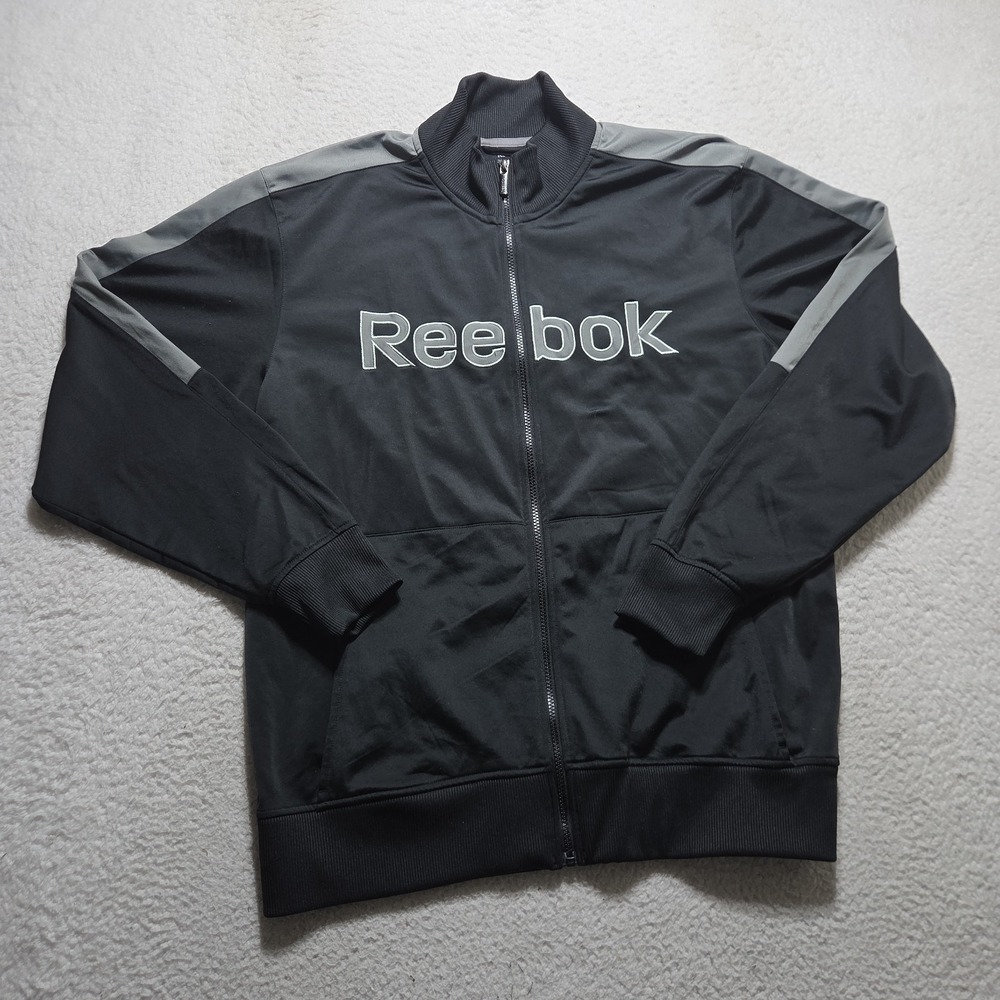 Reebok Full Zip Jacket Mens XL Black Spell Out Embroidered